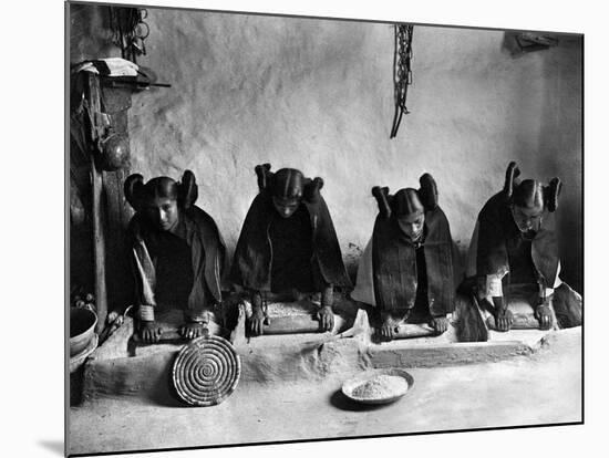 Hopi Grinding Grain, C1906-Edward S^ Curtis-Mounted Photographic Print