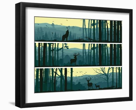 Horizontal Banners of Wild Animals in Hills Wood.-Vertyr-Framed Art Print