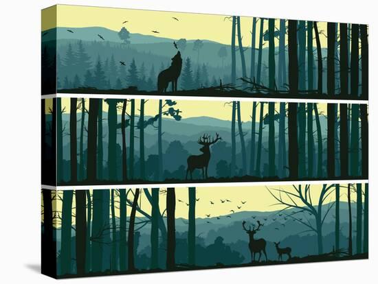 Horizontal Banners of Wild Animals in Hills Wood.-Vertyr-Stretched Canvas