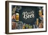 Horizontal Poster Beer Set with Tap, Glass, Bottle, Hop Branch with Leaf, Ear of Barley, Barrel, Ta-MoreVector-Framed Art Print