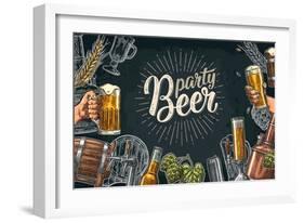 Horizontal Poster Beer Set with Tap, Glass, Bottle, Hop Branch with Leaf, Ear of Barley, Barrel, Ta-MoreVector-Framed Art Print