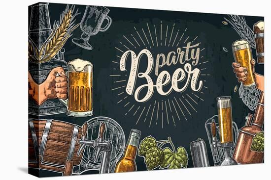 Horizontal Poster Beer Set with Tap, Glass, Bottle, Hop Branch with Leaf, Ear of Barley, Barrel, Ta-MoreVector-Stretched Canvas