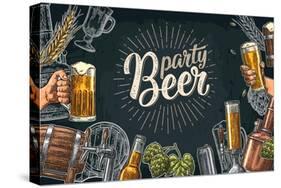 Horizontal Poster Beer Set with Tap, Glass, Bottle, Hop Branch with Leaf, Ear of Barley, Barrel, Ta-MoreVector-Stretched Canvas