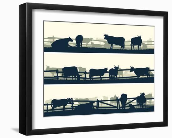 Horizontal Vector Banner Farm Fields with Fence and Farm Animals.-Vertyr-Framed Art Print