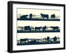 Horizontal Vector Banner Farm Fields with Fence and Farm Animals.-Vertyr-Framed Art Print