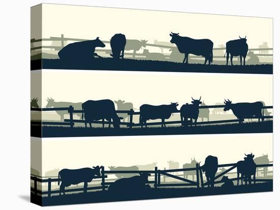 Horizontal Vector Banner Farm Fields with Fence and Farm Animals.-Vertyr-Stretched Canvas