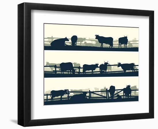 Horizontal Vector Banner Farm Fields with Fence and Farm Animals.-Vertyr-Framed Art Print