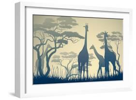 Horizontal Vector Illustration of Wild Giraffes in African Savanna with Trees.-Vertyr-Framed Premium Giclee Print