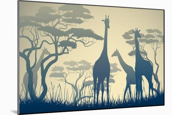 Horizontal Vector Illustration of Wild Giraffes in African Savanna with Trees.-Vertyr-Mounted Premium Giclee Print