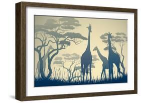 Horizontal Vector Illustration of Wild Giraffes in African Savanna with Trees.-Vertyr-Framed Art Print