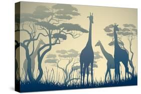 Horizontal Vector Illustration of Wild Giraffes in African Savanna with Trees.-Vertyr-Stretched Canvas