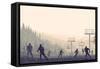 Horizontal Vector Illustration Skiers in Hills of Coniferous Forest at Snowfall Sunset.-Vertyr-Framed Stretched Canvas