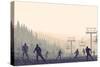 Horizontal Vector Illustration Skiers in Hills of Coniferous Forest at Snowfall Sunset.-Vertyr-Stretched Canvas