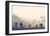 Horizontal Vector Illustration Skiers in Hills of Coniferous Forest at Snowfall Sunset.-Vertyr-Framed Art Print