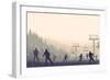 Horizontal Vector Illustration Skiers in Hills of Coniferous Forest at Snowfall Sunset.-Vertyr-Framed Art Print