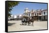 Horse and carriage riding along sand streets with brotherhood houses behind, El Rocio, Huelva Provi-Stuart Black-Framed Stretched Canvas