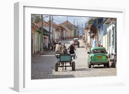 Horse and Cart and Vintage American Car on Cobbled Street in the Historic Centre of Trinidad-Lee Frost-Framed Photographic Print