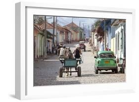 Horse and Cart and Vintage American Car on Cobbled Street in the Historic Centre of Trinidad-Lee Frost-Framed Photographic Print