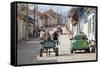 Horse and Cart and Vintage American Car on Cobbled Street in the Historic Centre of Trinidad-Lee Frost-Framed Stretched Canvas