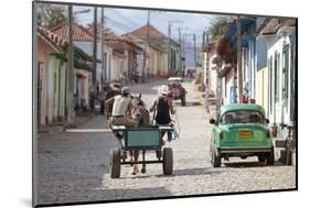 Horse and Cart and Vintage American Car on Cobbled Street in the Historic Centre of Trinidad-Lee Frost-Mounted Photographic Print