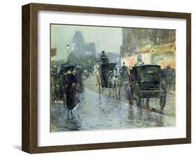 Horse Drawn Cabs at Evening, New York, C.1890-Childe Hassam-Framed Giclee Print