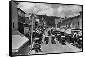 Horse-Drawn Carriages and Storefronts on Mackinac Island-null-Framed Stretched Canvas