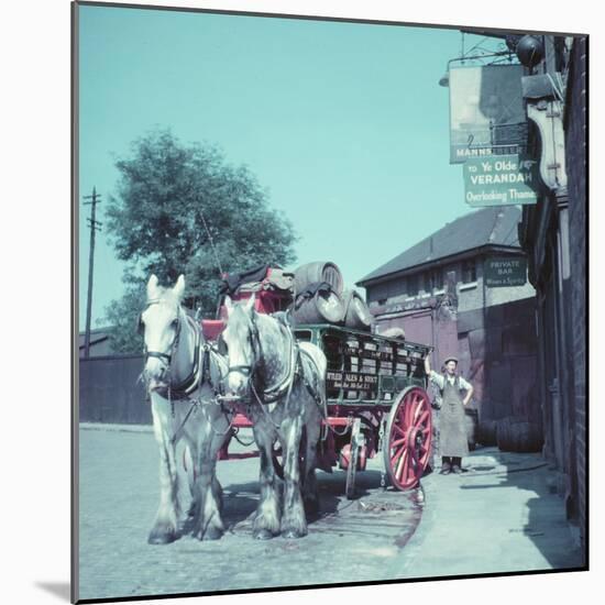 Horse-Drawn Wagon Filled with Beer Barrels at a Bar Along the Thames-William Sumits-Mounted Photographic Print