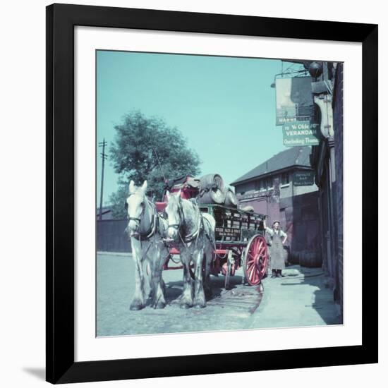 Horse-Drawn Wagon Filled with Beer Barrels at a Bar Along the Thames-William Sumits-Framed Photographic Print