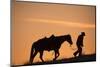 Horse drive in winter, Shell, Wyoming. Cowboy leading his horse at sunset and silhouetted.-Darrell Gulin-Mounted Photographic Print