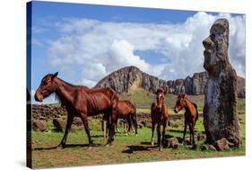 Horse near Statues on the Isla De Pascua. Rapa Nui. Easter Island-Vladimir Krupenkin-Stretched Canvas