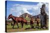 Horse near Statues on the Isla De Pascua. Rapa Nui. Easter Island-Vladimir Krupenkin-Stretched Canvas