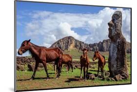 Horse near Statues on the Isla De Pascua. Rapa Nui. Easter Island-Vladimir Krupenkin-Mounted Photographic Print