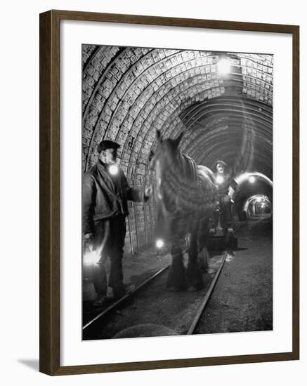 Horse Pulling Cart in Coal Mine-null-Framed Photographic Print