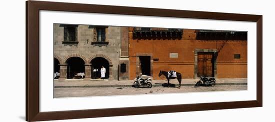 Horse Standing Between Two Motorcycles Parked on a Road, San Miguel De Allende, Guanajuato, Mexico-null-Framed Photographic Print