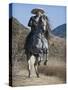 Horseman in Traditional Dress Riding Grey Andalusian Stallion, Ojai, California, USA-Carol Walker-Stretched Canvas