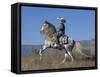 Horseman in Traditional Dress Riding Grey Andalusian Stallion, Ojai, California, USA-Carol Walker-Framed Stretched Canvas