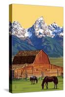 Horses and Barn with Mountains-Lantern Press-Stretched Canvas