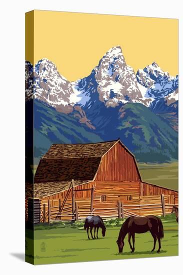 Horses and Barn with Mountains-Lantern Press-Stretched Canvas