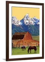 Horses and Barn with Mountains-Lantern Press-Framed Art Print