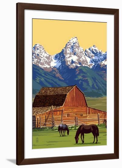 Horses and Barn with Mountains-Lantern Press-Framed Art Print