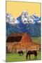 Horses and Barn with Mountains-Lantern Press-Mounted Art Print