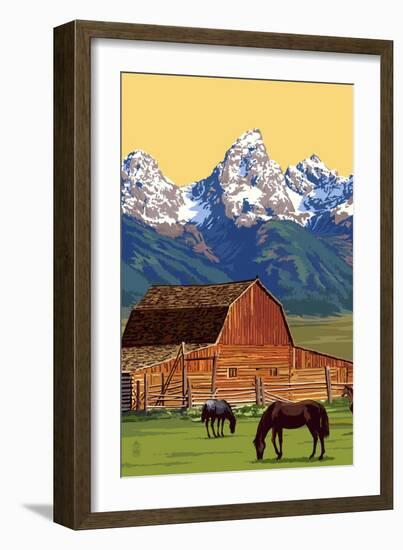 Horses and Barn with Mountains-Lantern Press-Framed Art Print