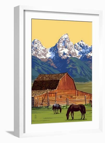 Horses and Barn with Mountains-Lantern Press-Framed Art Print