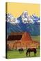 Horses and Barn with Mountains-Lantern Press-Stretched Canvas