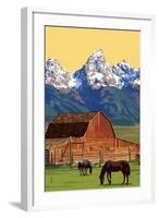 Horses and Barn with Mountains-Lantern Press-Framed Art Print