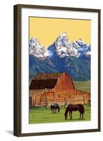 Horses and Barn with Mountains-Lantern Press-Framed Art Print