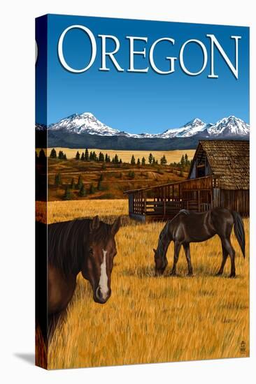 Horses and Mountain - Oregon-Lantern Press-Stretched Canvas