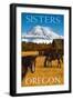 Horses and Mountain - Sisters, Oregon-Lantern Press-Framed Art Print