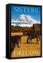 Horses and Mountain - Sisters, Oregon-Lantern Press-Framed Stretched Canvas