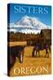 Horses and Mountain - Sisters, Oregon-Lantern Press-Stretched Canvas